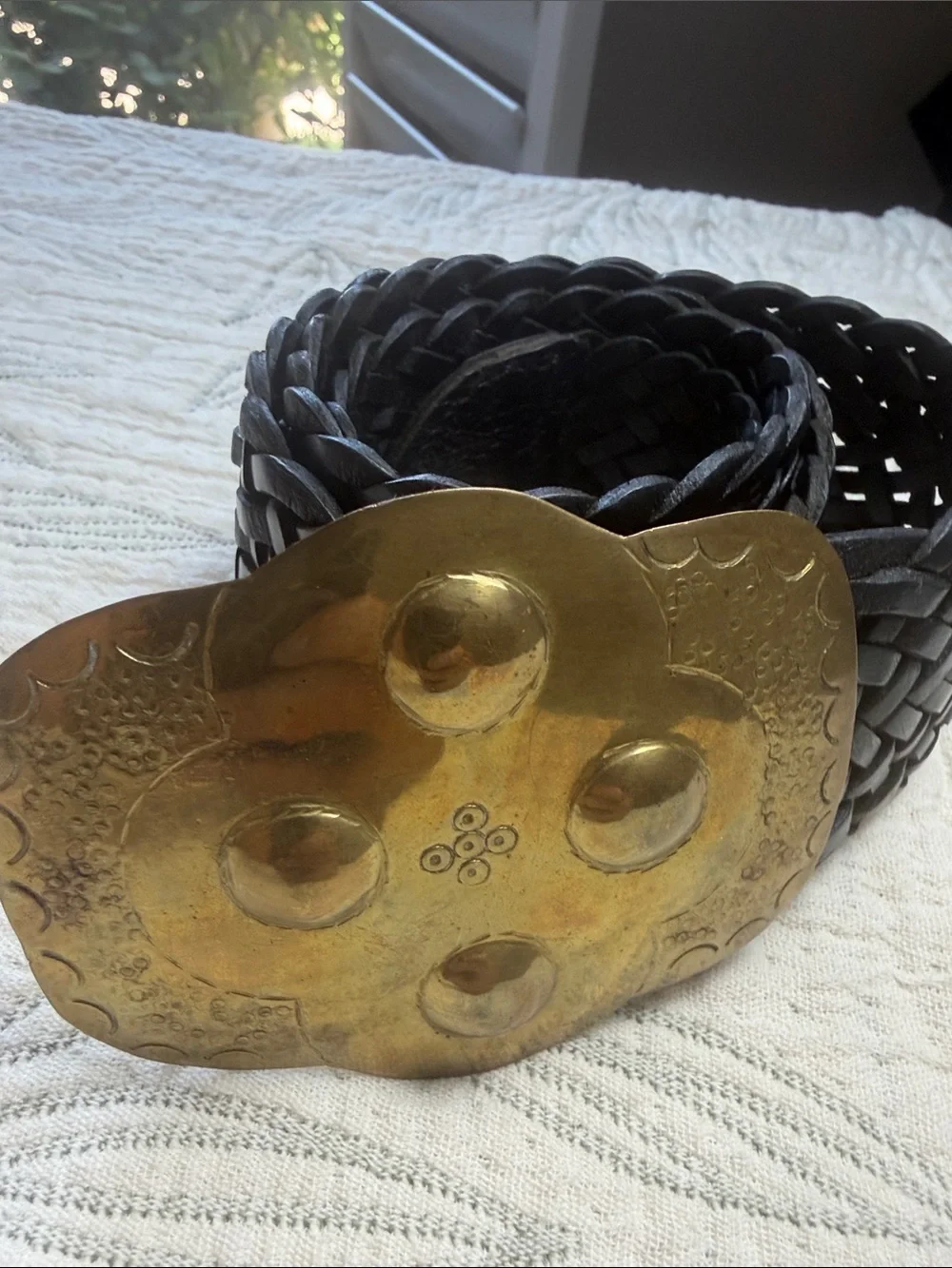Vintage Woven Black Leather Belt with Brass Skull Buckle